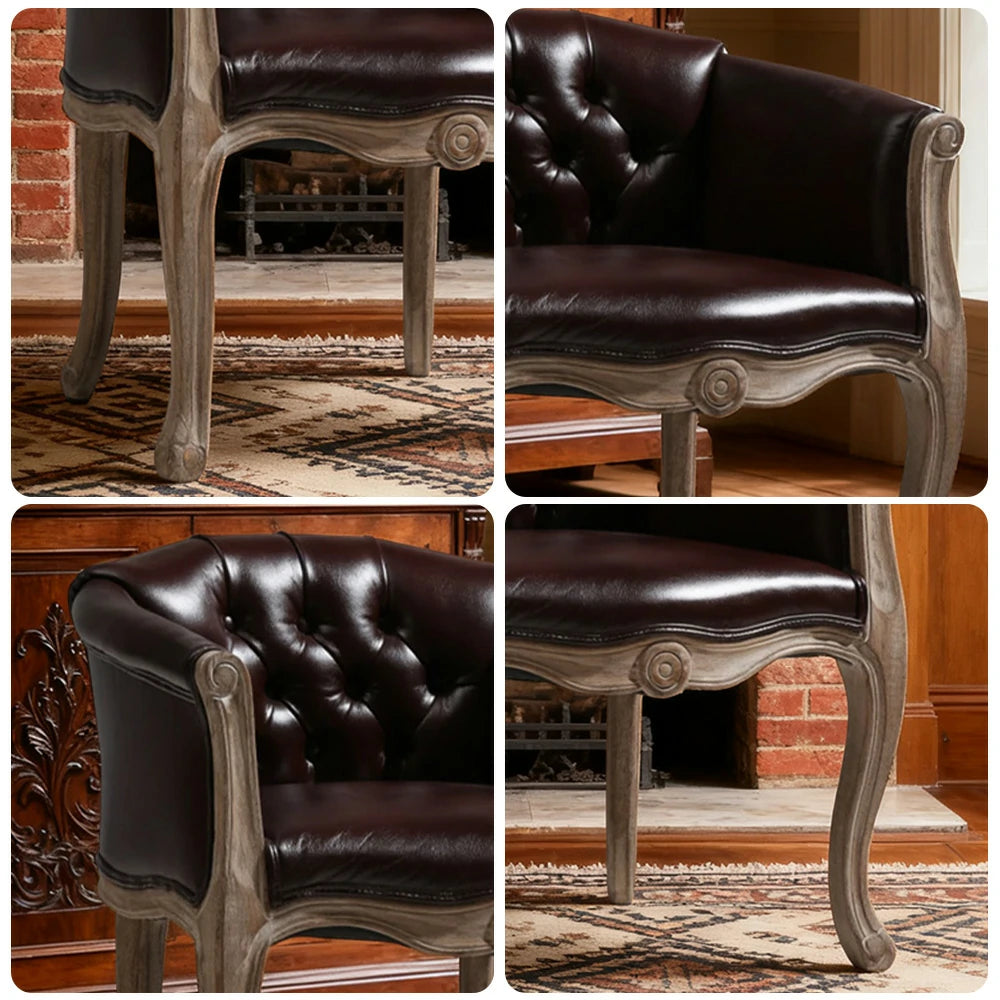 LIVARA Deep Blue Vintage Accent Armchair - Retro PU Leather, Solid Wood Frame, Tufted Backrest, Elegant Living Room Single Sofa Chair - Brown