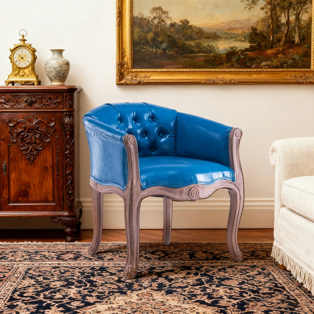 LIVARA Sea Blue Vintage Accent Armchair - Retro PU Leather, Solid Wood Frame, Tufted Backrest, Elegant Living Room Single Sofa Chair - Sea Blue