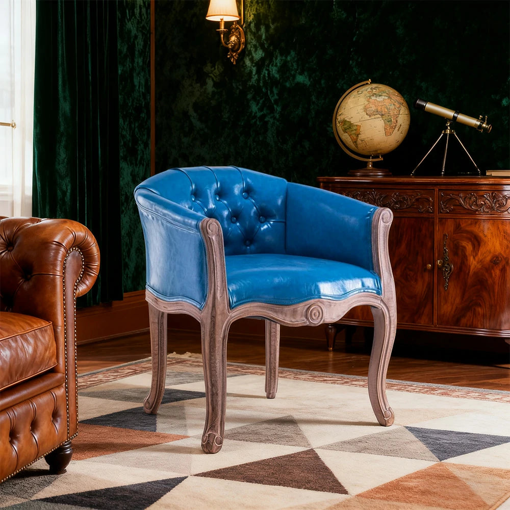 LIVARA Sea Blue Vintage Accent Armchair - Retro PU Leather, Solid Wood Frame, Tufted Backrest, Elegant Living Room Single Sofa Chair - Sea Blue