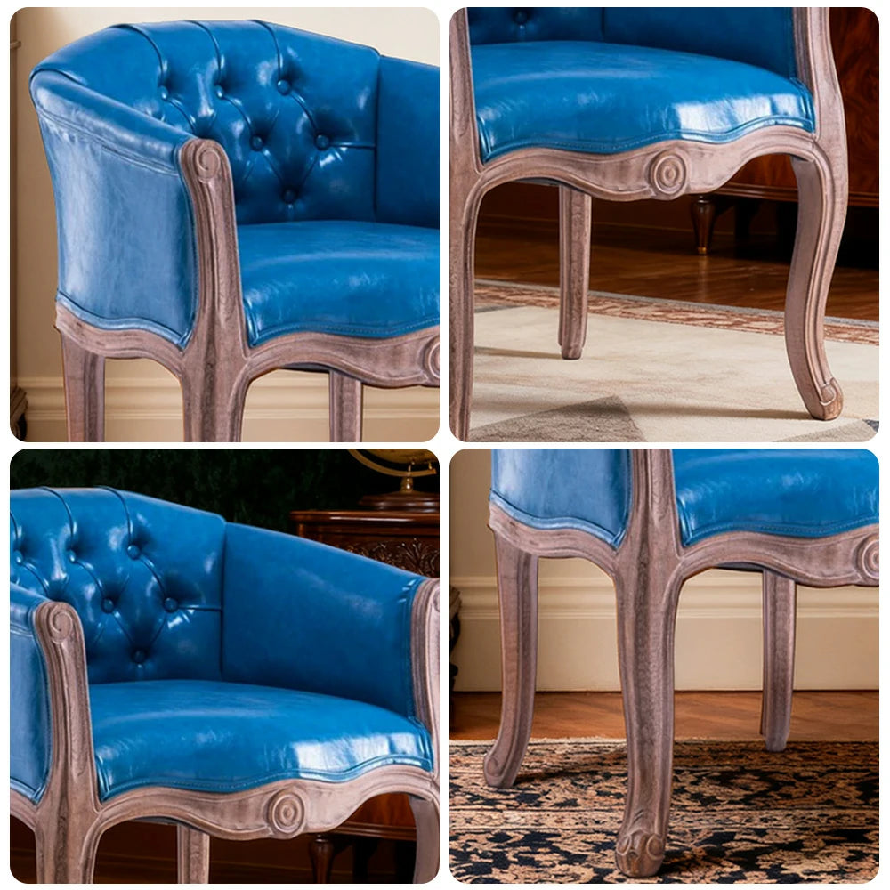 LIVARA Sea Blue Vintage Accent Armchair - Retro PU Leather, Solid Wood Frame, Tufted Backrest, Elegant Living Room Single Sofa Chair - Sea Blue