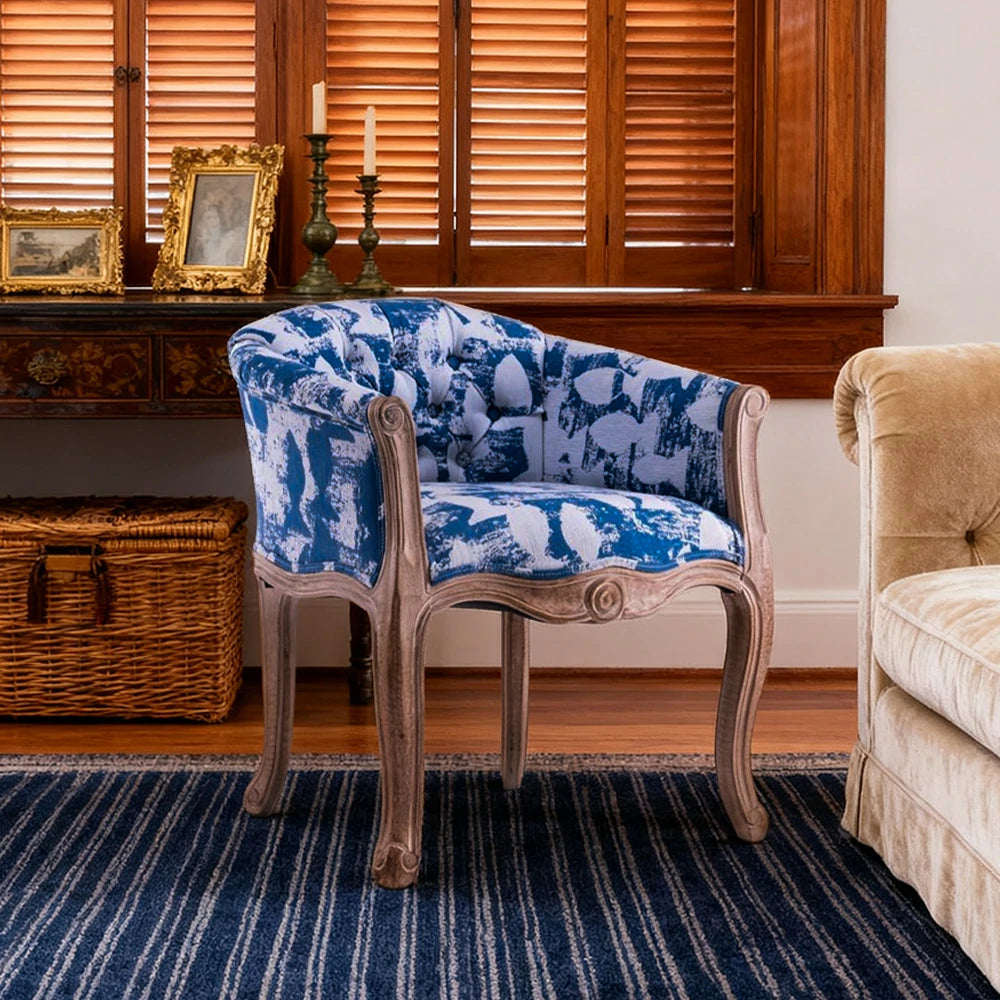 LIVARA Sea Blue Vintage Accent Armchair - Retro PU Leather, Solid Wood Frame, Tufted Backrest, Elegant Living Room Single Sofa Chair - Blue&White