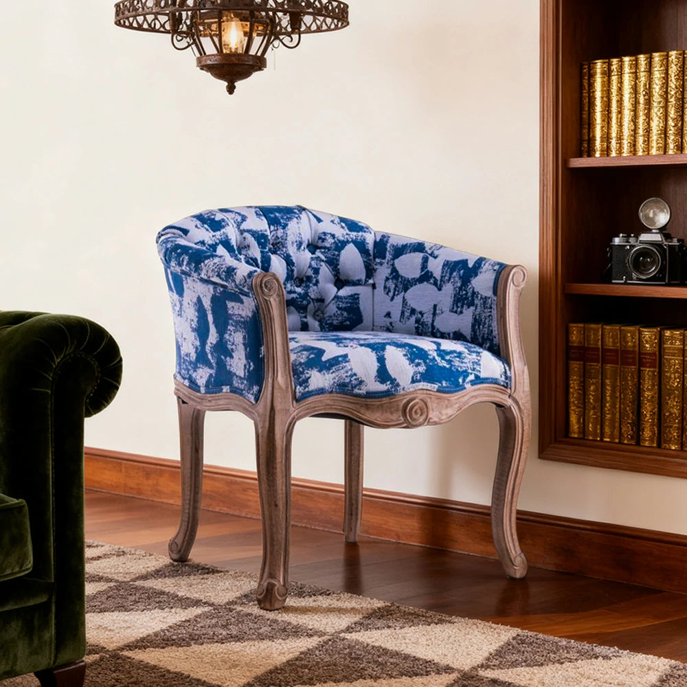 LIVARA Sea Blue Vintage Accent Armchair - Retro PU Leather, Solid Wood Frame, Tufted Backrest, Elegant Living Room Single Sofa Chair - Blue&White