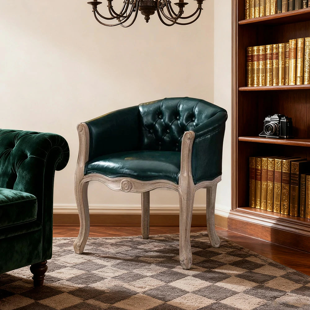 LIVARA Sea Blue Vintage Accent Armchair - Retro PU Leather, Solid Wood Frame, Tufted Backrest, Elegant Living Room Single Sofa Chair - Green