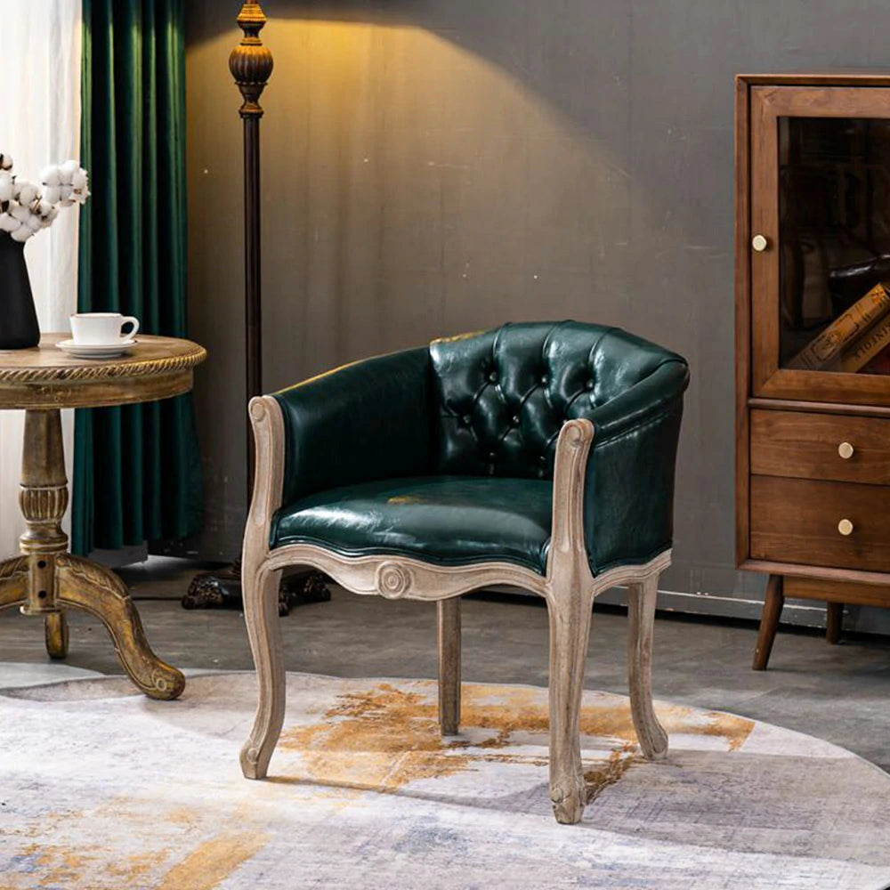 LIVARA Sea Blue Vintage Accent Armchair - Retro PU Leather, Solid Wood Frame, Tufted Backrest, Elegant Living Room Single Sofa Chair - Green