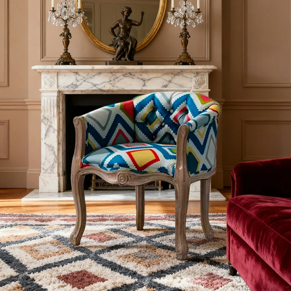 LIVARA Bohemian Vintage Accent Armchair - Colorful Fabric Upholstery, Solid Wood Frame, Tufted Backrest, Elegant Living Room Single Sofa Chair - Bohemian Style