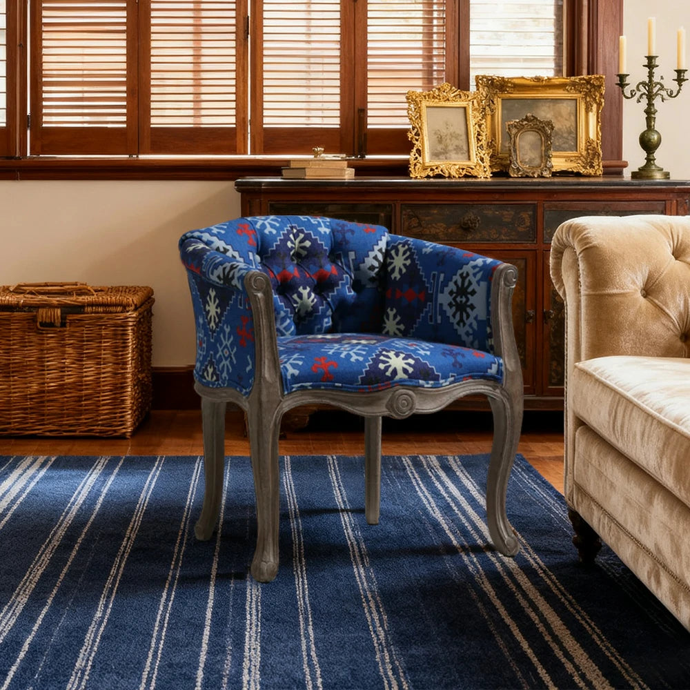 LIVARA Bohemian Vintage Accent Armchair - Colorful Fabric Upholstery, Solid Wood Frame, Tufted Backrest, Elegant Living Room Single Sofa Chair - Blue Bohemian Style
