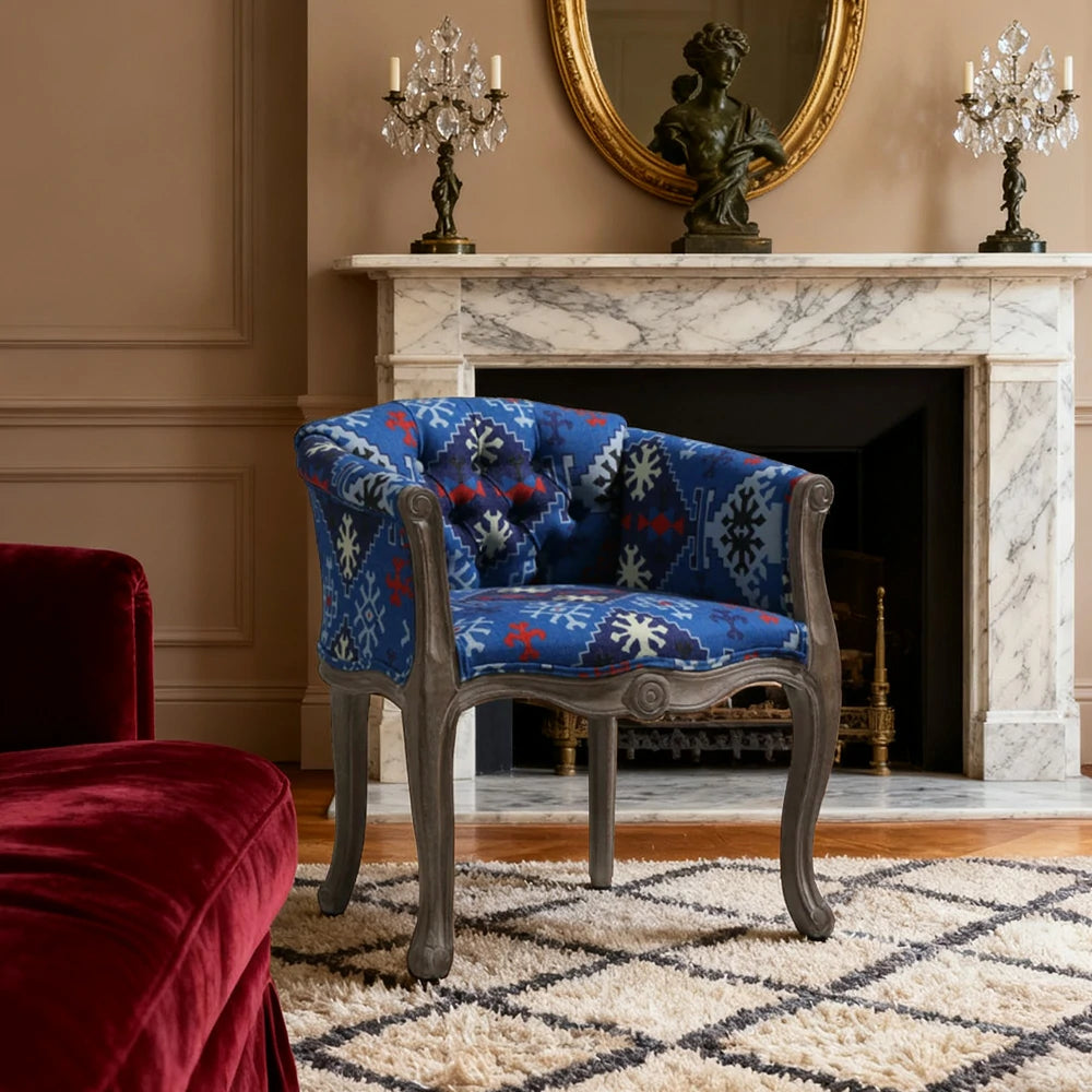 LIVARA Bohemian Vintage Accent Armchair - Colorful Fabric Upholstery, Solid Wood Frame, Tufted Backrest, Elegant Living Room Single Sofa Chair - Blue Bohemian Style