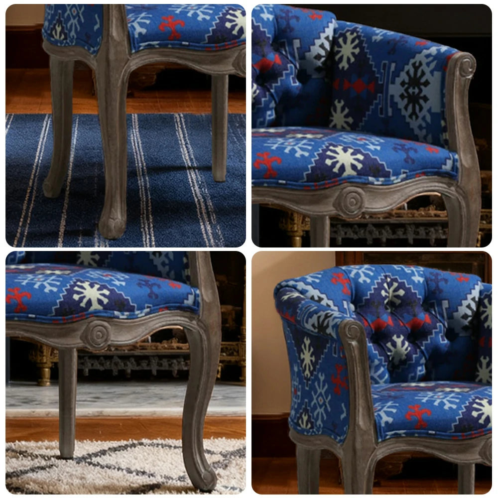 LIVARA Bohemian Vintage Accent Armchair - Colorful Fabric Upholstery, Solid Wood Frame, Tufted Backrest, Elegant Living Room Single Sofa Chair - Blue Bohemian Style