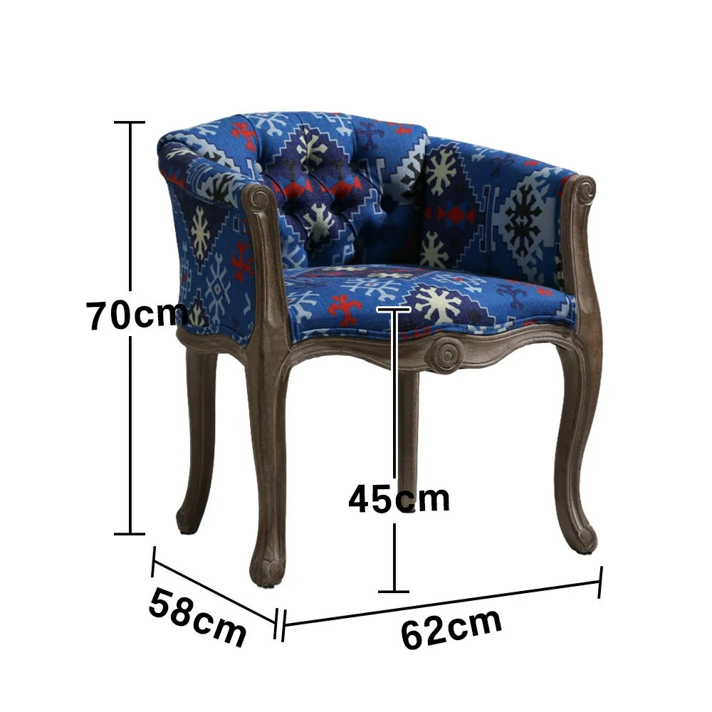 LIVARA Bohemian Vintage Accent Armchair - Colorful Fabric Upholstery, Solid Wood Frame, Tufted Backrest, Elegant Living Room Single Sofa Chair - Blue Bohemian Style