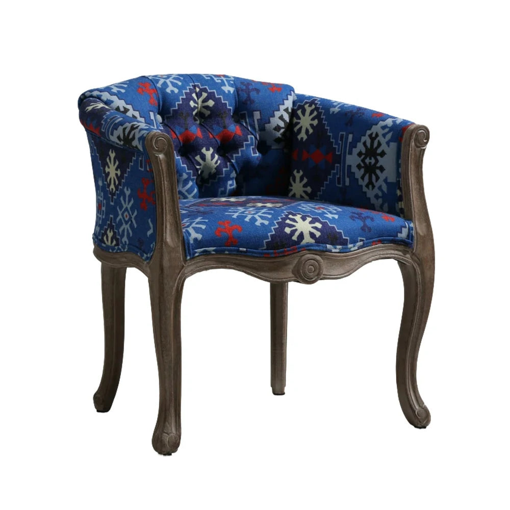 LIVARA Bohemian Vintage Accent Armchair - Colorful Fabric Upholstery, Solid Wood Frame, Tufted Backrest, Elegant Living Room Single Sofa Chair - Blue Bohemian Style