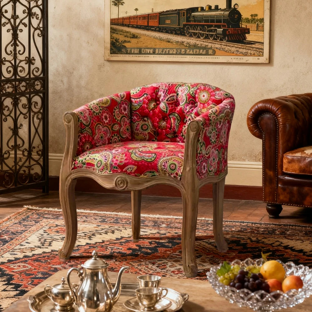 LIVARA Bohemian Vintage Accent Armchair - Colorful Fabric Upholstery, Solid Wood Frame, Tufted Backrest, Elegant Living Room Single Sofa Chair - Pink