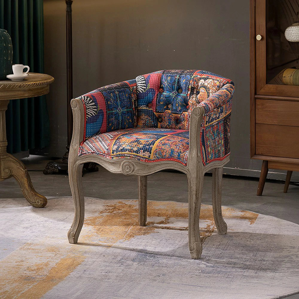 LIVARA Color Patchwork Vintage Accent Armchair - Colorful Patchwork Fabric Upholstery, Solid Wood Frame, Tufted Backrest, Elegant Living Room Single Sofa Chair - Color Patchwork Fabric