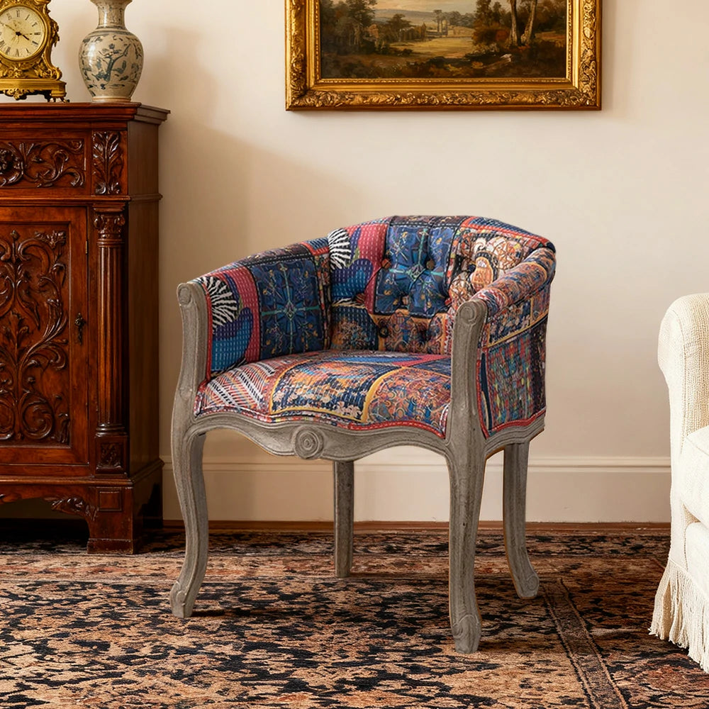 LIVARA Color Patchwork Vintage Accent Armchair - Colorful Patchwork Fabric Upholstery, Solid Wood Frame, Tufted Backrest, Elegant Living Room Single Sofa Chair - Color Patchwork Fabric