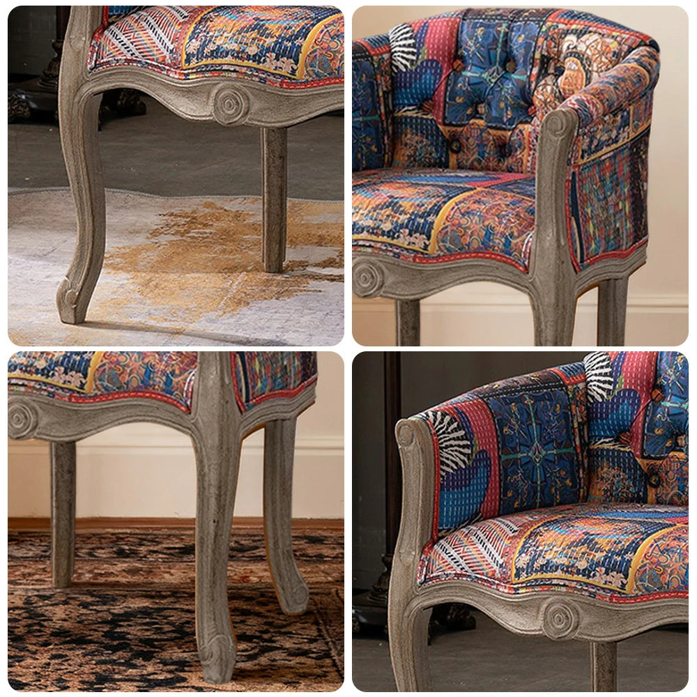 LIVARA Color Patchwork Vintage Accent Armchair - Colorful Patchwork Fabric Upholstery, Solid Wood Frame, Tufted Backrest, Elegant Living Room Single Sofa Chair - Color Patchwork Fabric