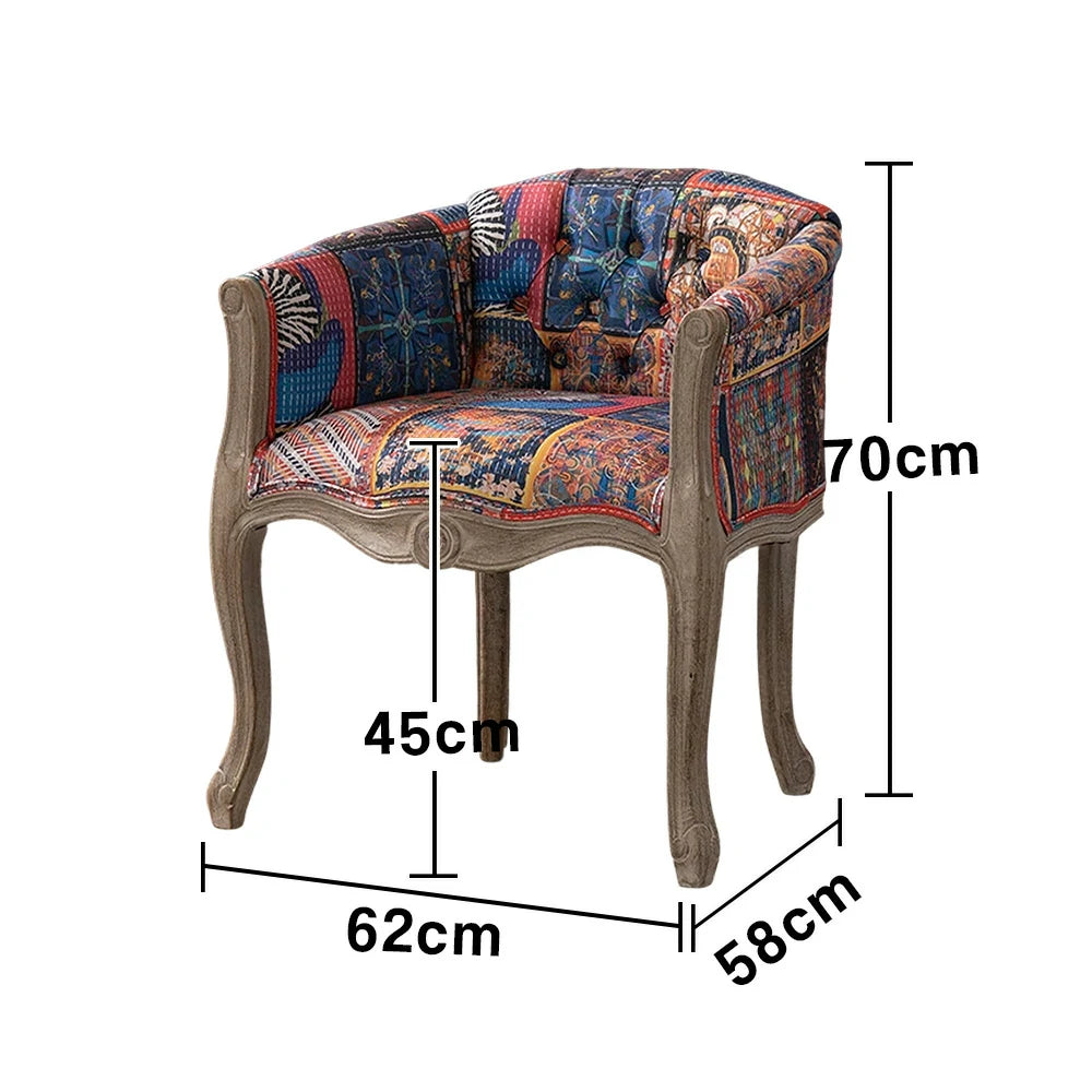 LIVARA Color Patchwork Vintage Accent Armchair - Colorful Patchwork Fabric Upholstery, Solid Wood Frame, Tufted Backrest, Elegant Living Room Single Sofa Chair - Color Patchwork Fabric