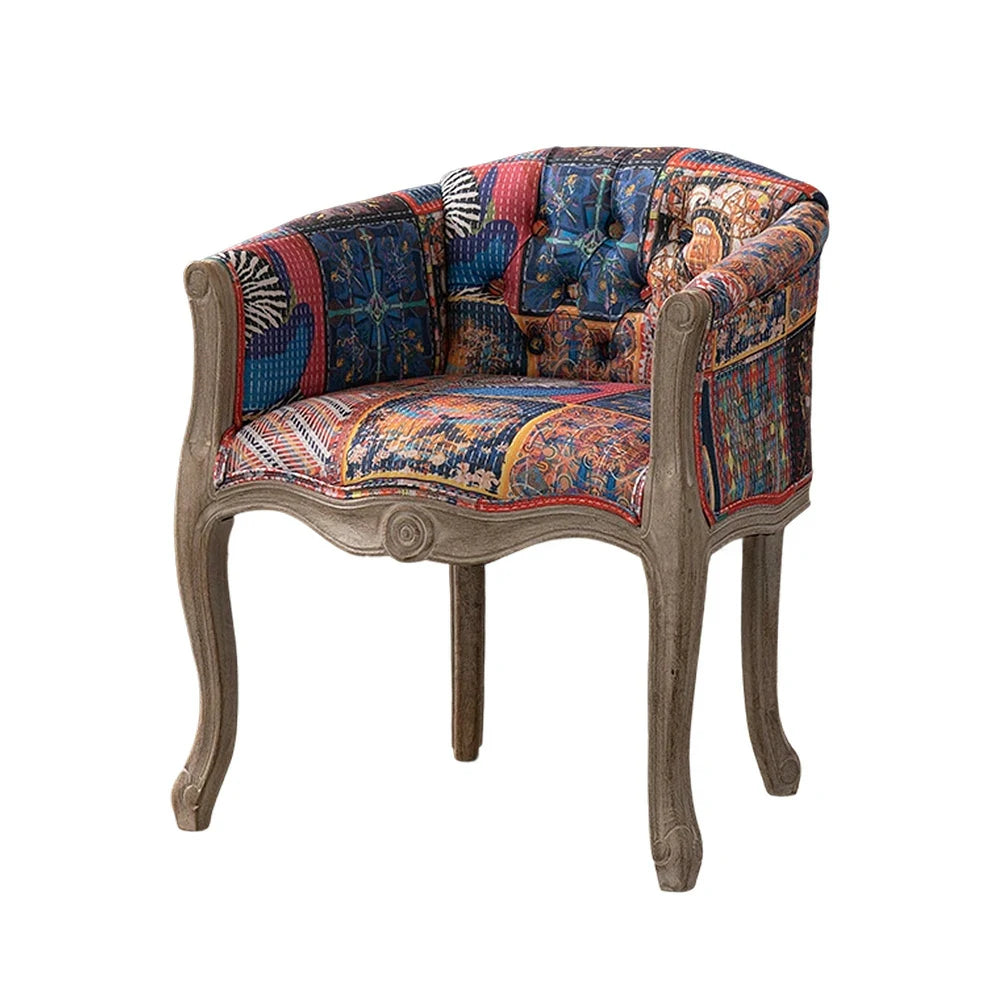 LIVARA Color Patchwork Vintage Accent Armchair - Colorful Patchwork Fabric Upholstery, Solid Wood Frame, Tufted Backrest, Elegant Living Room Single Sofa Chair - Color Patchwork Fabric