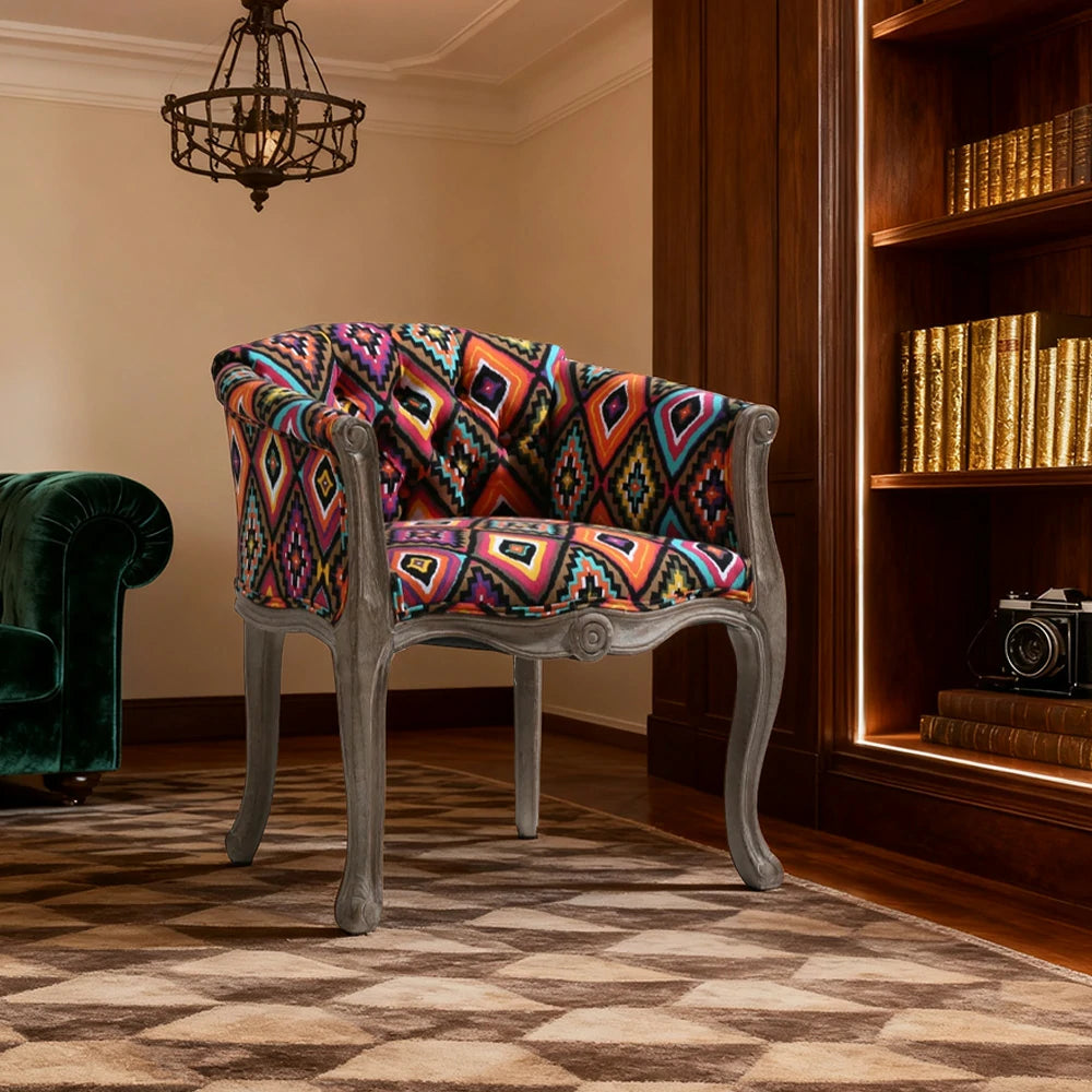 LIVARA Color Patchwork Vintage Accent Armchair - Colorful Patchwork Fabric Upholstery, Solid Wood Frame, Tufted Backrest, Elegant Living Room Single Sofa Chair - Multicolor Fabric