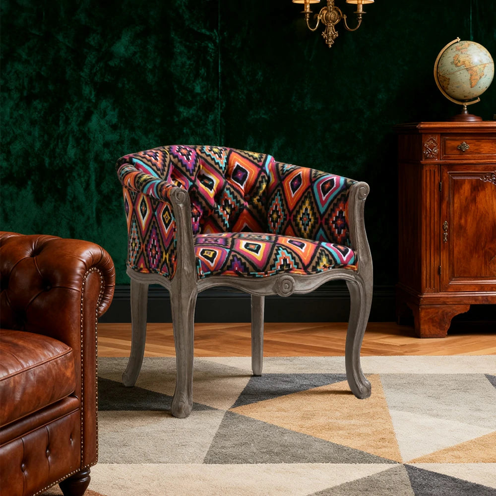 LIVARA Color Patchwork Vintage Accent Armchair - Colorful Patchwork Fabric Upholstery, Solid Wood Frame, Tufted Backrest, Elegant Living Room Single Sofa Chair - Multicolor Fabric