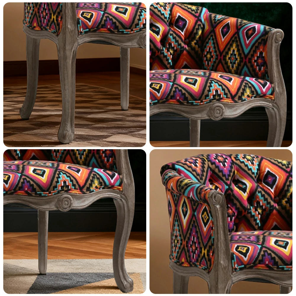 LIVARA Color Patchwork Vintage Accent Armchair - Colorful Patchwork Fabric Upholstery, Solid Wood Frame, Tufted Backrest, Elegant Living Room Single Sofa Chair - Multicolor Fabric