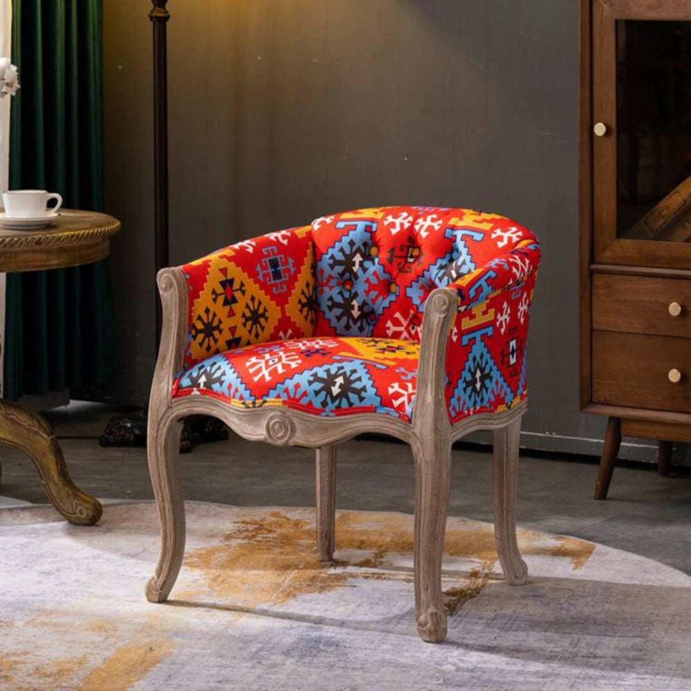 LIVARA Color Patchwork Vintage Accent Armchair - Colorful Patchwork Fabric Upholstery, Solid Wood Frame, Tufted Backrest, Elegant Living Room Single Sofa Chair - Red