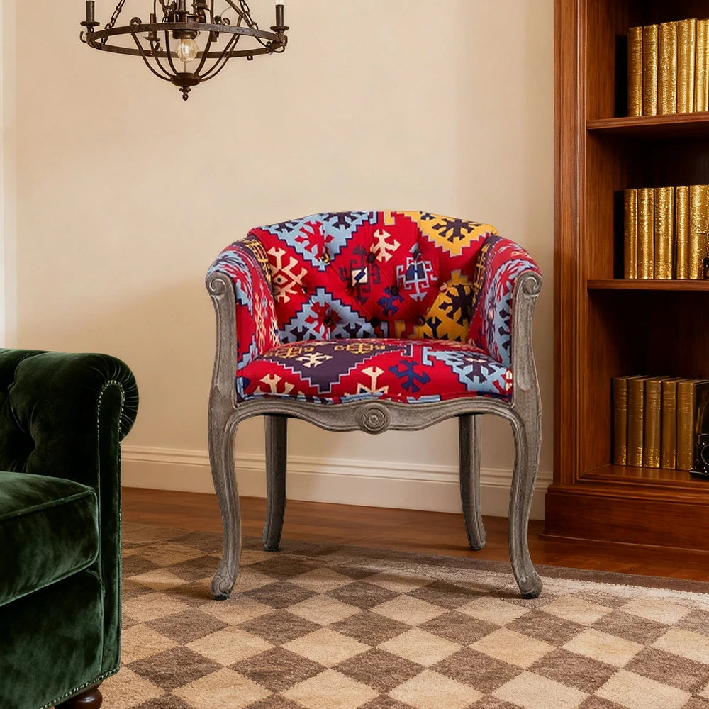 LIVARA Color Patchwork Vintage Accent Armchair - Colorful Patchwork Fabric Upholstery, Solid Wood Frame, Tufted Backrest, Elegant Living Room Single Sofa Chair - Red