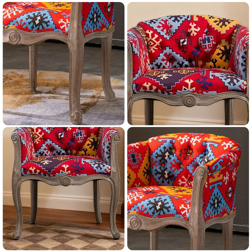 LIVARA Color Patchwork Vintage Accent Armchair - Colorful Patchwork Fabric Upholstery, Solid Wood Frame, Tufted Backrest, Elegant Living Room Single Sofa Chair - Red