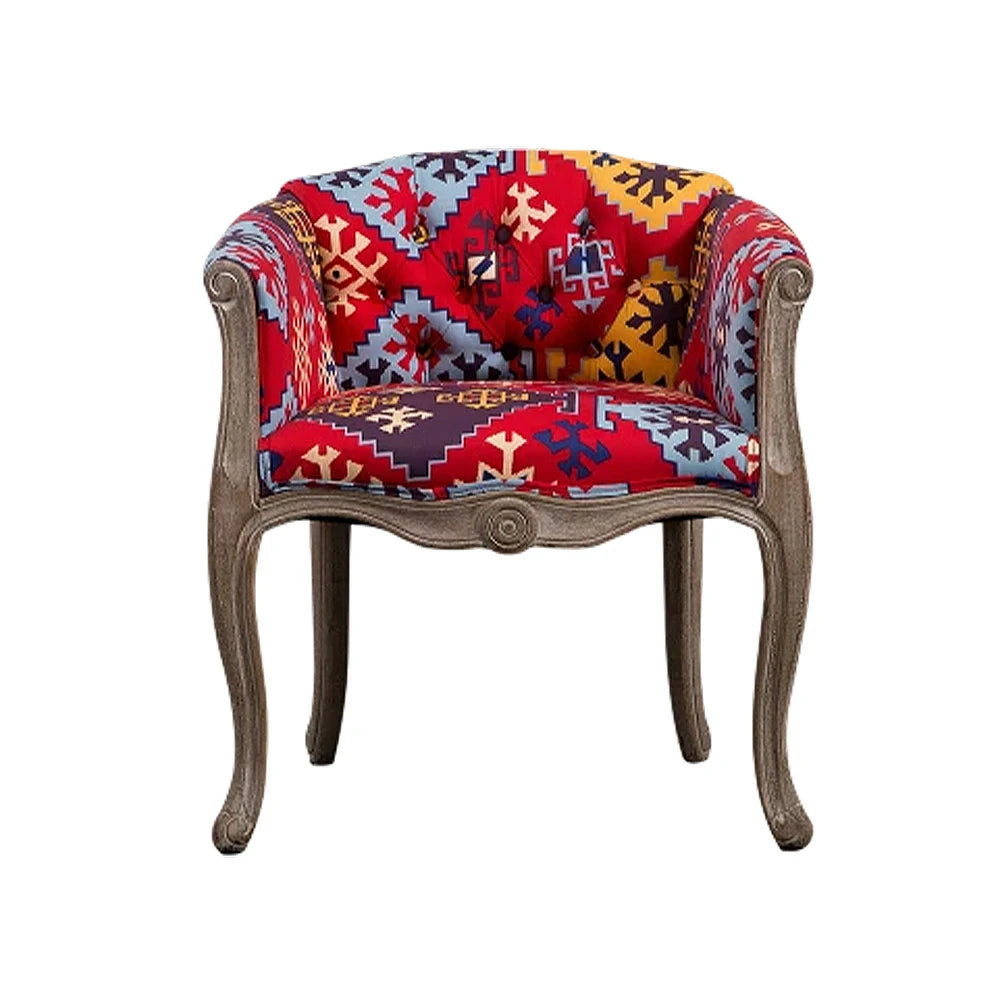 LIVARA Color Patchwork Vintage Accent Armchair - Colorful Patchwork Fabric Upholstery, Solid Wood Frame, Tufted Backrest, Elegant Living Room Single Sofa Chair - Red