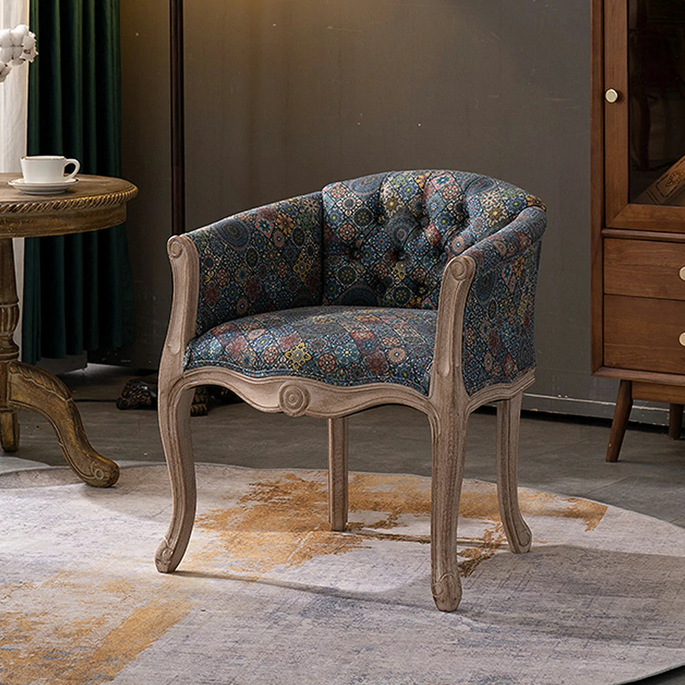 LIVARA Color Patchwork Vintage Accent Armchair - Colorful Patchwork Fabric Upholstery, Solid Wood Frame, Tufted Backrest, Elegant Living Room Single Sofa Chair - Blue