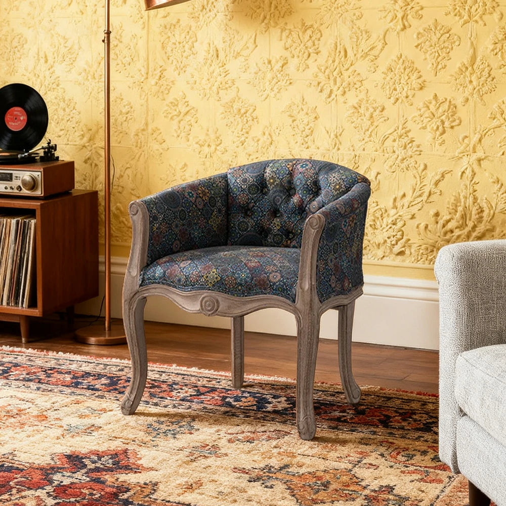 LIVARA Color Patchwork Vintage Accent Armchair - Colorful Patchwork Fabric Upholstery, Solid Wood Frame, Tufted Backrest, Elegant Living Room Single Sofa Chair - Blue