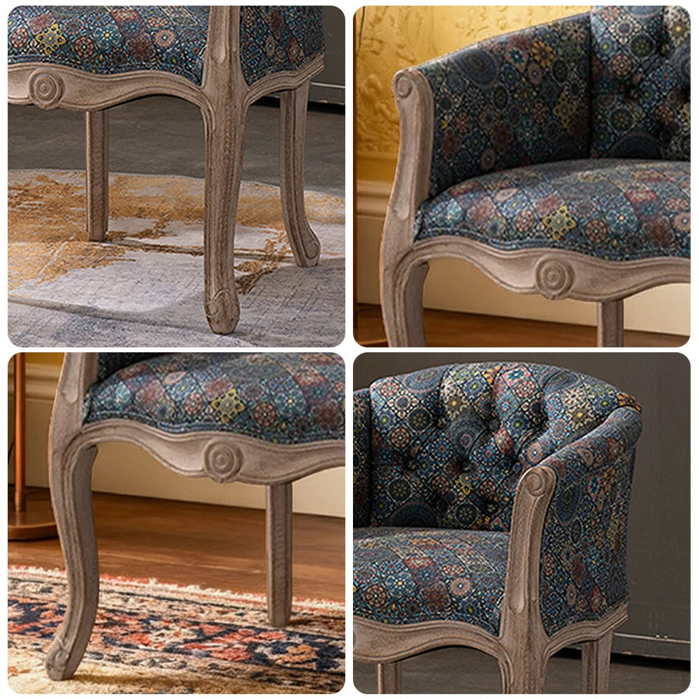 LIVARA Color Patchwork Vintage Accent Armchair - Colorful Patchwork Fabric Upholstery, Solid Wood Frame, Tufted Backrest, Elegant Living Room Single Sofa Chair - Blue