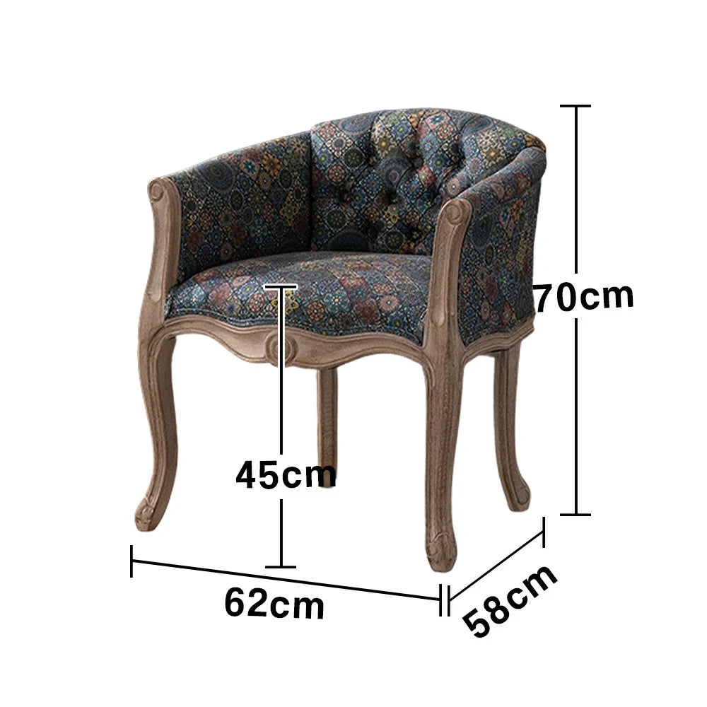 LIVARA Color Patchwork Vintage Accent Armchair - Colorful Patchwork Fabric Upholstery, Solid Wood Frame, Tufted Backrest, Elegant Living Room Single Sofa Chair - Blue