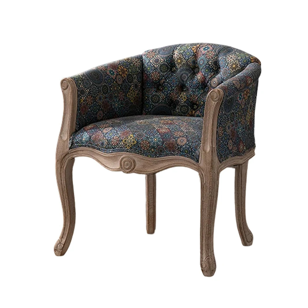 LIVARA Color Patchwork Vintage Accent Armchair - Colorful Patchwork Fabric Upholstery, Solid Wood Frame, Tufted Backrest, Elegant Living Room Single Sofa Chair - Blue