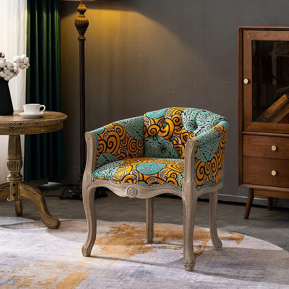 LIVARA Color Patchwork Vintage Accent Armchair - Colorful Patchwork Fabric Upholstery, Solid Wood Frame, Tufted Backrest, Elegant Living Room Single Sofa Chair - Green