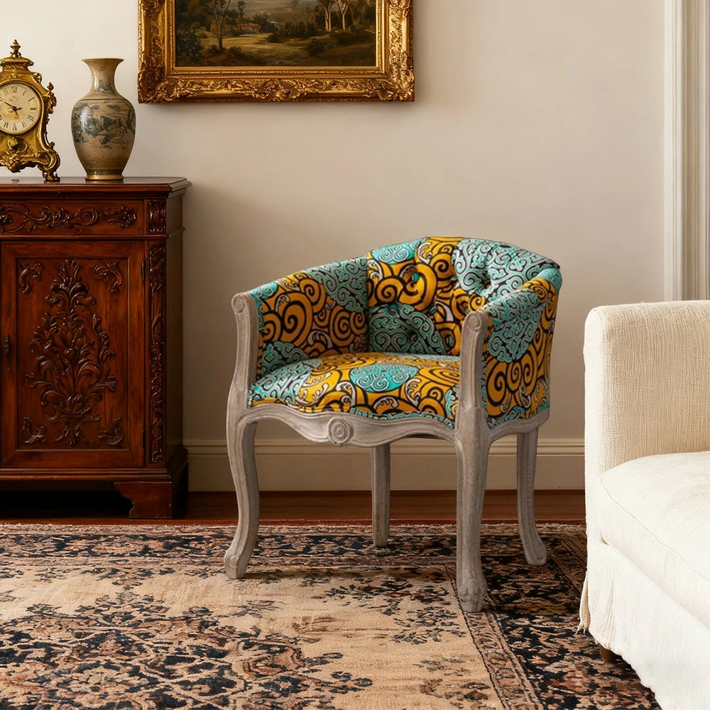 LIVARA Color Patchwork Vintage Accent Armchair - Colorful Patchwork Fabric Upholstery, Solid Wood Frame, Tufted Backrest, Elegant Living Room Single Sofa Chair - Green