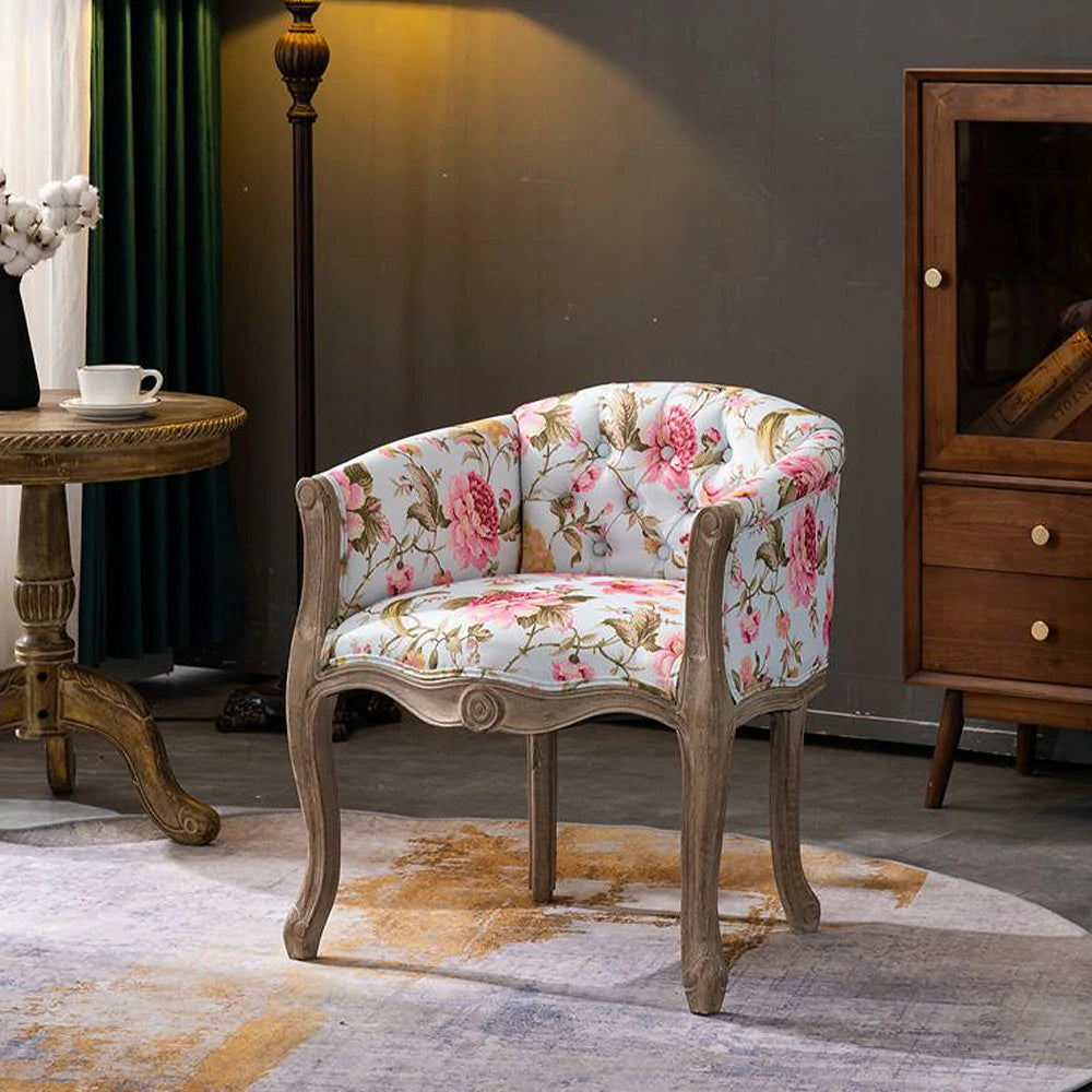 LIVARA Color Patchwork Vintage Accent Armchair - Colorful Patchwork Fabric Upholstery, Solid Wood Frame, Tufted Backrest, Elegant Living Room Single Sofa Chair - Pink