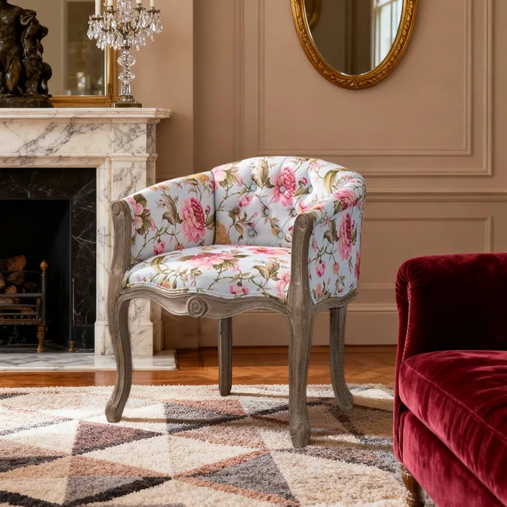 LIVARA Color Patchwork Vintage Accent Armchair - Colorful Patchwork Fabric Upholstery, Solid Wood Frame, Tufted Backrest, Elegant Living Room Single Sofa Chair - Pink