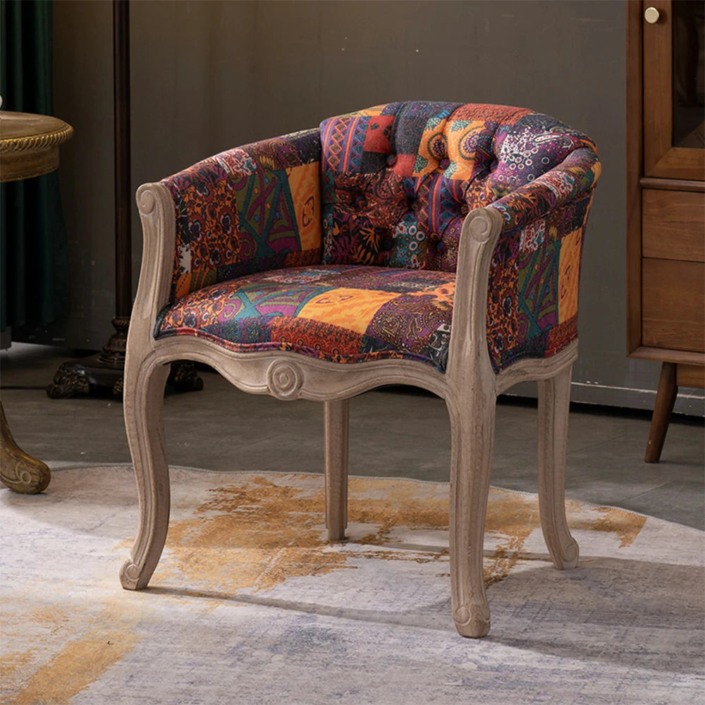 LIVARA Color Patchwork Vintage Accent Armchair - Colorful Patchwork Fabric Upholstery, Solid Wood Frame, Tufted Backrest, Elegant Living Room Single Sofa Chair - Purple