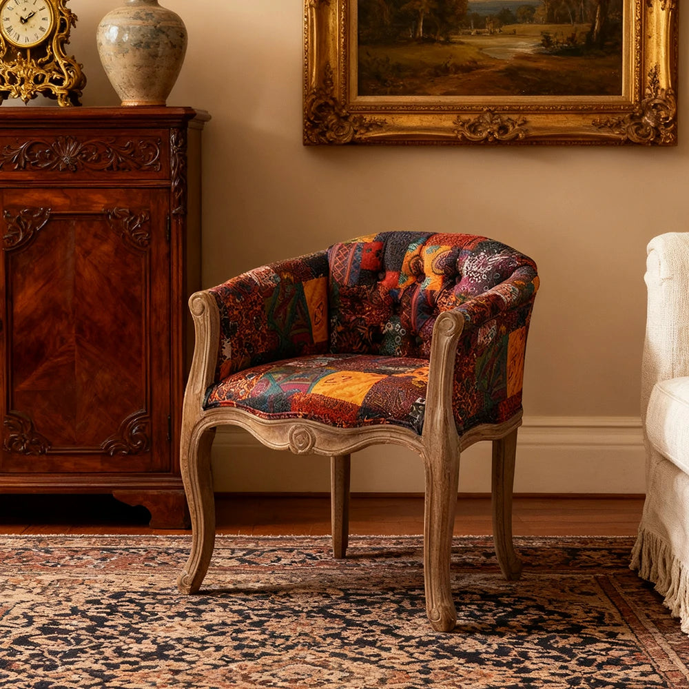 LIVARA Color Patchwork Vintage Accent Armchair - Colorful Patchwork Fabric Upholstery, Solid Wood Frame, Tufted Backrest, Elegant Living Room Single Sofa Chair - Purple