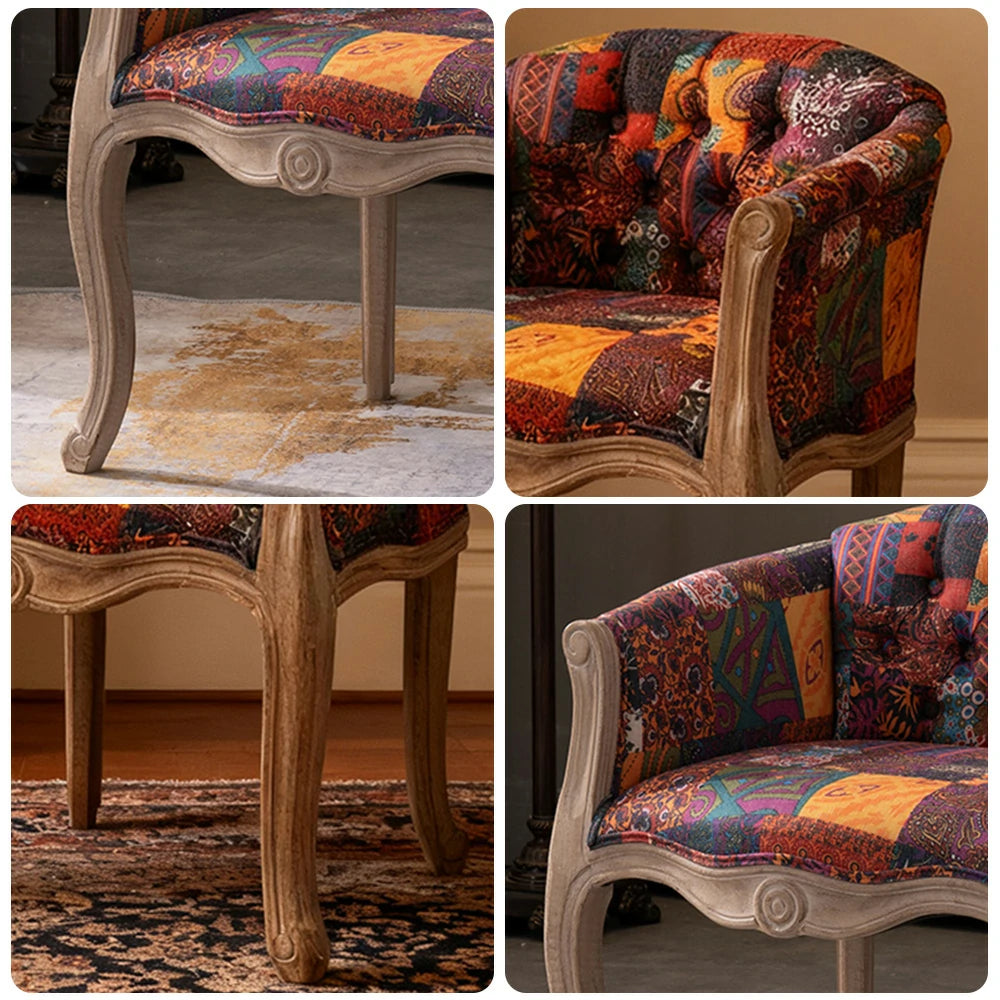 LIVARA Color Patchwork Vintage Accent Armchair - Colorful Patchwork Fabric Upholstery, Solid Wood Frame, Tufted Backrest, Elegant Living Room Single Sofa Chair - Purple