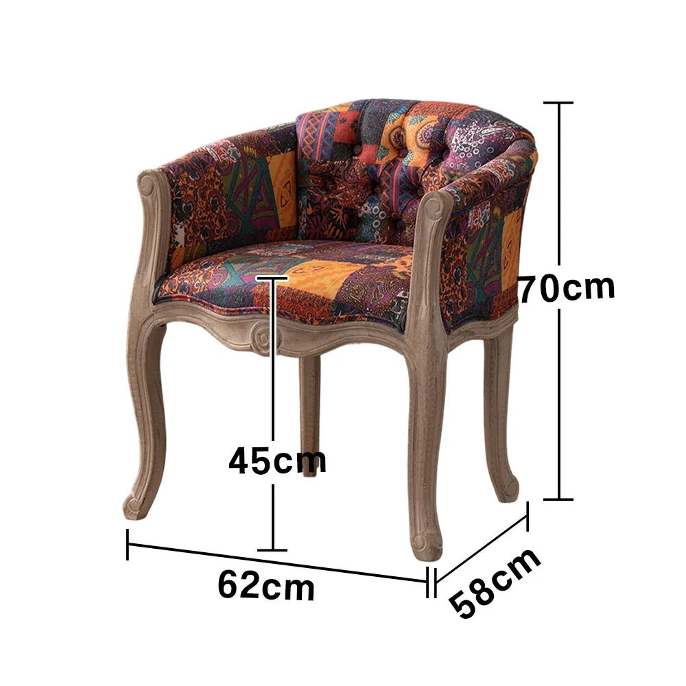 LIVARA Color Patchwork Vintage Accent Armchair - Colorful Patchwork Fabric Upholstery, Solid Wood Frame, Tufted Backrest, Elegant Living Room Single Sofa Chair - Purple