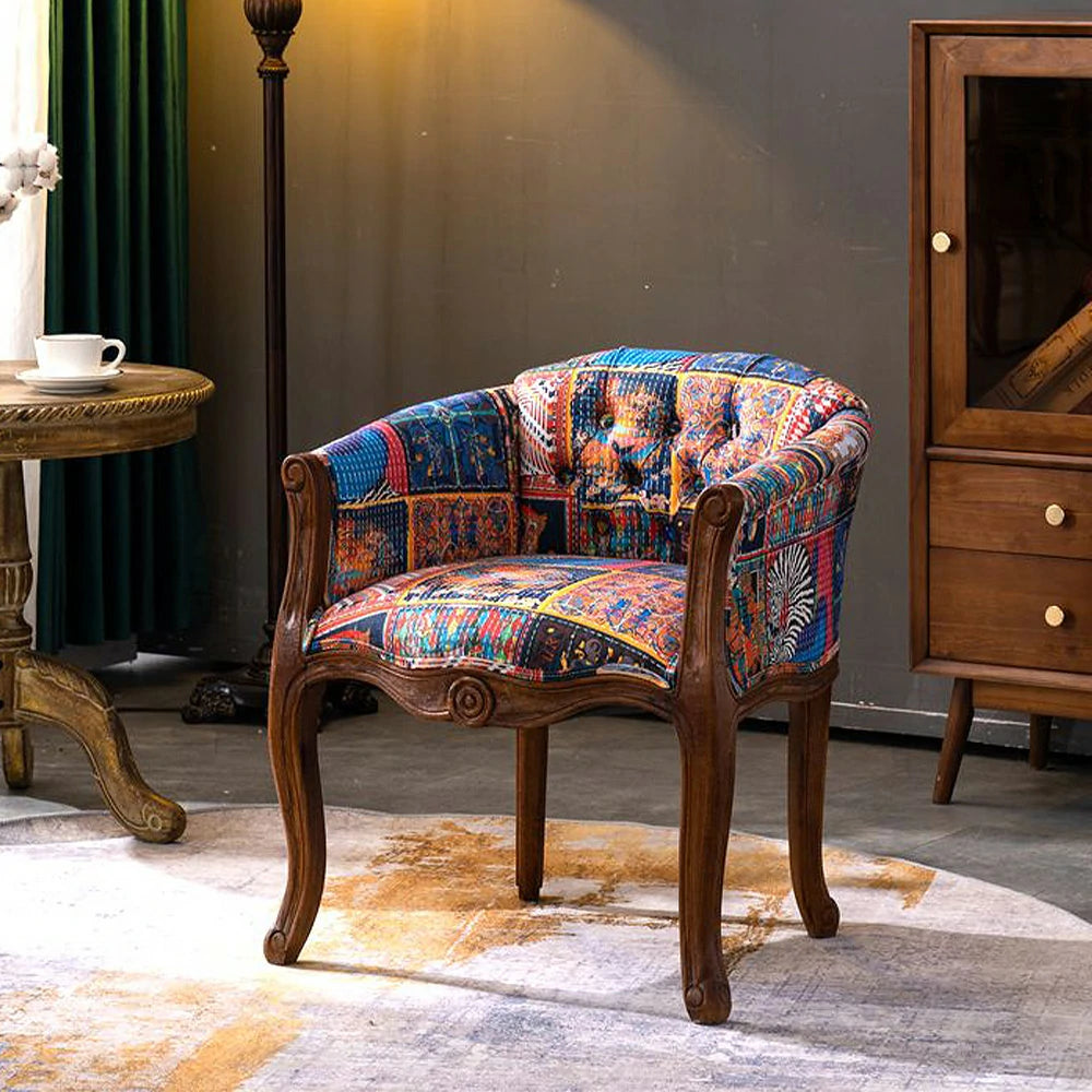 LIVARA Color Patchwork Vintage Accent Armchair - Colorful Patchwork Fabric Upholstery, Solid Wood Frame, Tufted Backrest, Elegant Living Room Single Sofa Chair - Blue