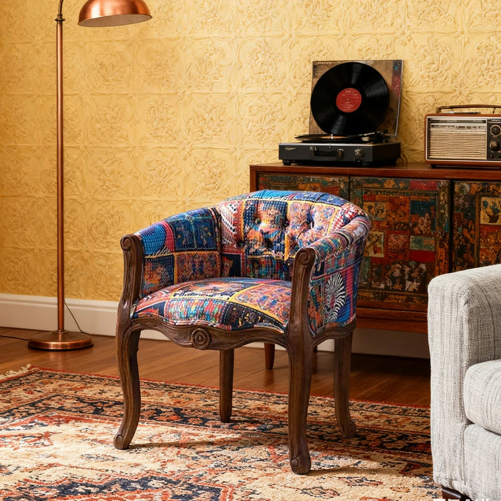 LIVARA Color Patchwork Vintage Accent Armchair - Colorful Patchwork Fabric Upholstery, Solid Wood Frame, Tufted Backrest, Elegant Living Room Single Sofa Chair - Blue