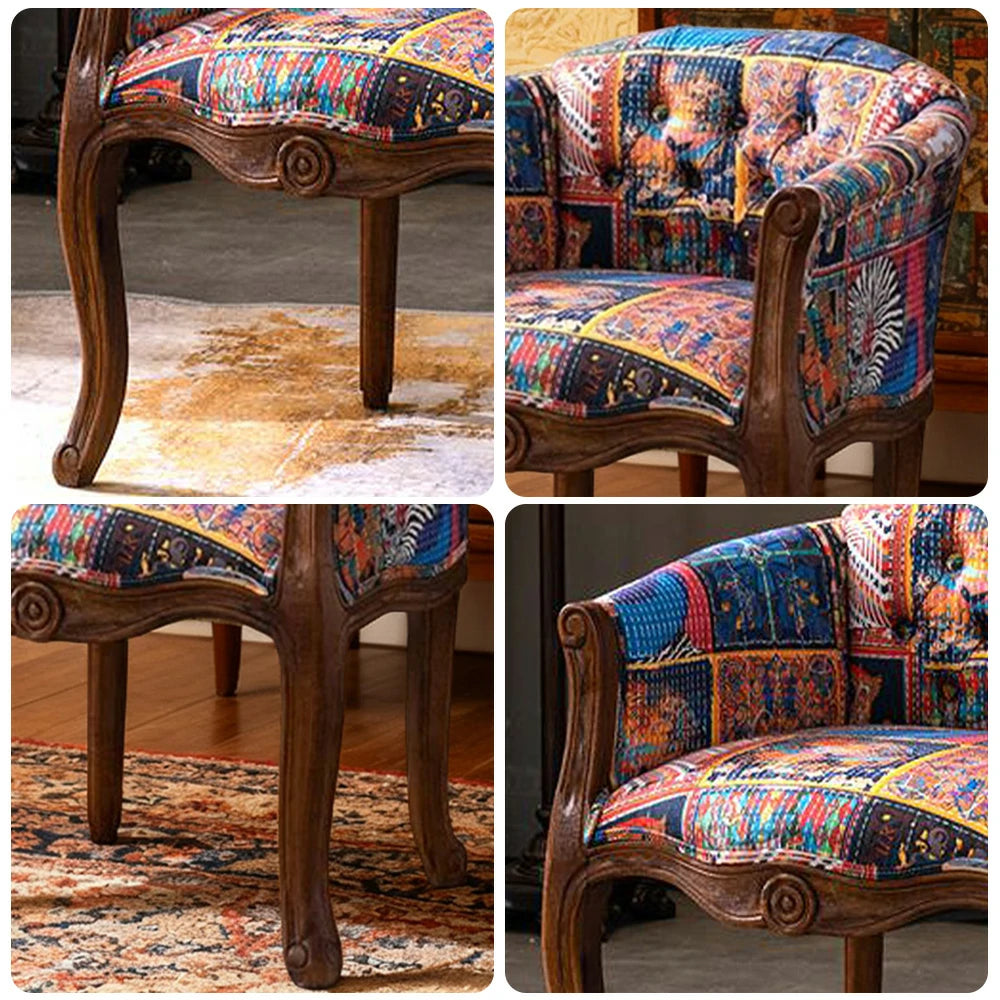 LIVARA Color Patchwork Vintage Accent Armchair - Colorful Patchwork Fabric Upholstery, Solid Wood Frame, Tufted Backrest, Elegant Living Room Single Sofa Chair - Blue