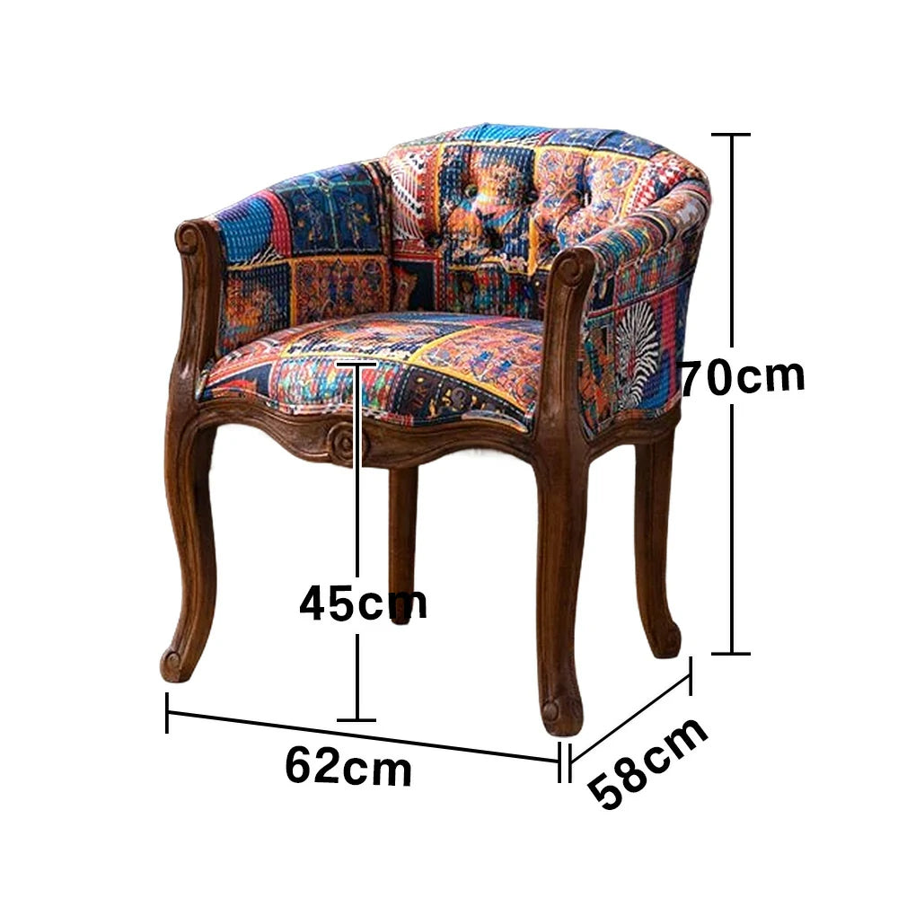 LIVARA Color Patchwork Vintage Accent Armchair - Colorful Patchwork Fabric Upholstery, Solid Wood Frame, Tufted Backrest, Elegant Living Room Single Sofa Chair - Blue