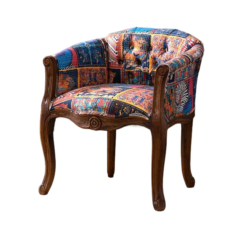 LIVARA Color Patchwork Vintage Accent Armchair - Colorful Patchwork Fabric Upholstery, Solid Wood Frame, Tufted Backrest, Elegant Living Room Single Sofa Chair - Blue