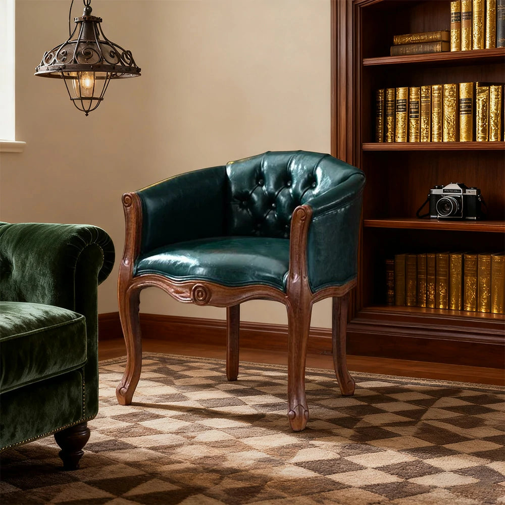 LIVARA Color Patchwork Vintage Accent Armchair - Colorful Patchwork Fabric Upholstery, Solid Wood Frame, Tufted Backrest, Elegant Living Room Single Sofa Chair - Green