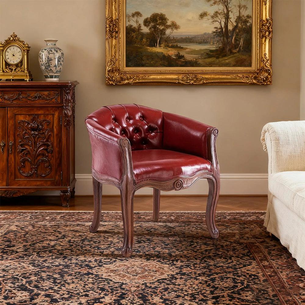 LIVARA Color Patchwork Vintage Accent Armchair - Colorful Patchwork Fabric Upholstery, Solid Wood Frame, Tufted Backrest, Elegant Living Room Single Sofa Chair - Mahogany