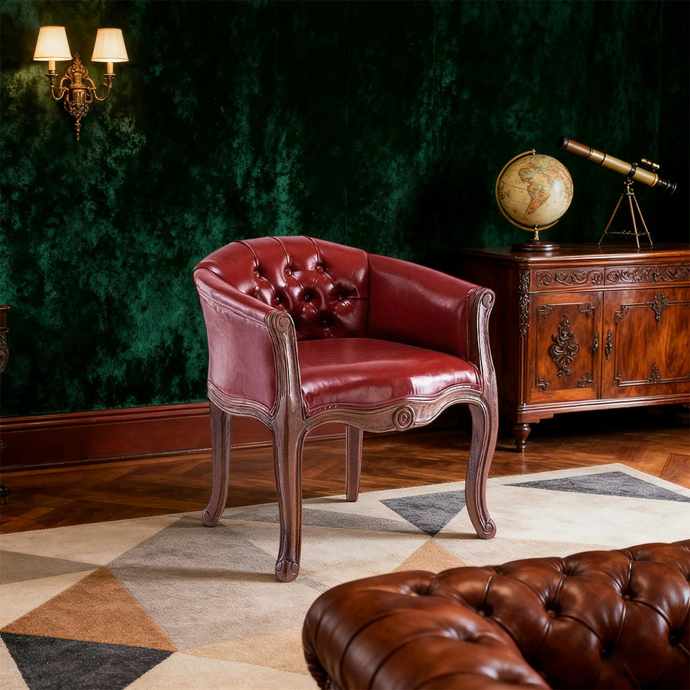 LIVARA Color Patchwork Vintage Accent Armchair - Colorful Patchwork Fabric Upholstery, Solid Wood Frame, Tufted Backrest, Elegant Living Room Single Sofa Chair - Mahogany