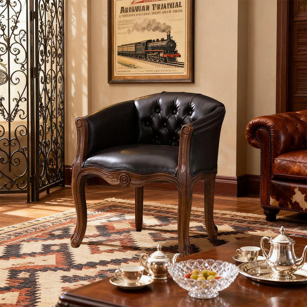 LIVARA Color Patchwork Vintage Accent Armchair - Colorful Patchwork Fabric Upholstery, Solid Wood Frame, Tufted Backrest, Elegant Living Room Single Sofa Chair - Coffee