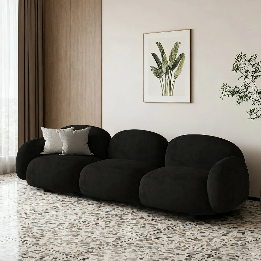 LIVARA 85/145/205cm Sofa Lamb Fleece Upholstered, Ergonomic Curved Design, High-Density Sponge, Soft Touch, Durable Comfort - Black